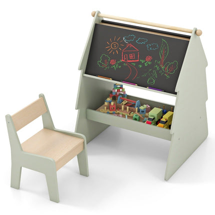 2 i 1 barnstafli med stol i trädform Dubbelsidig ståbräda med svarta tavla och whiteboard