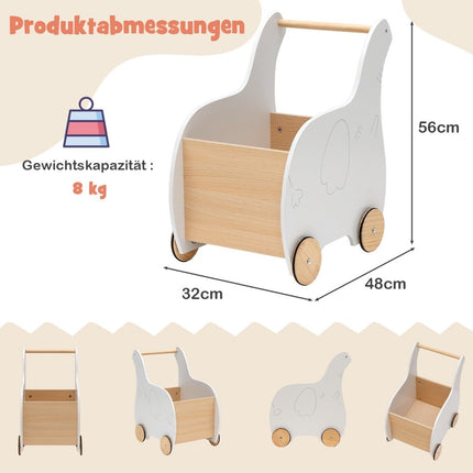 2 i 1 elefantformad trägåstol med stor leksakslåda vit