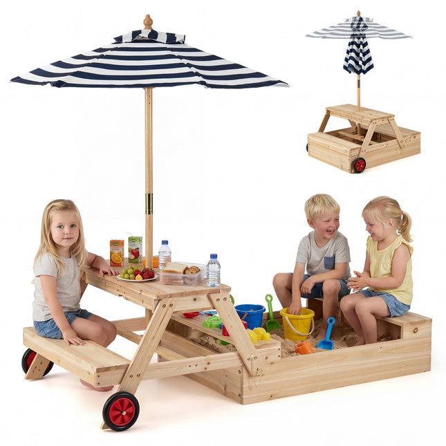 2-i-1 sandlåda och picknickbord i trä med parasoll, blå