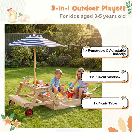 2-i-1 sandlåda och picknickbord i trä med parasoll, blå