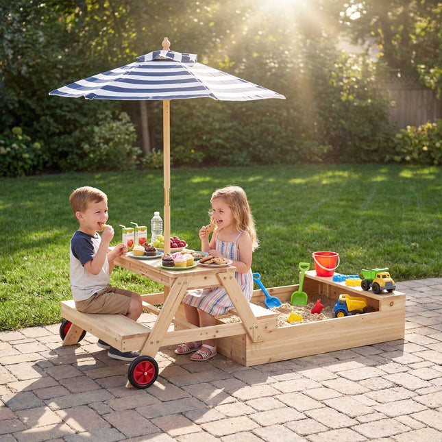 2-i-1 sandlåda och picknickbord i trä med parasoll, blå