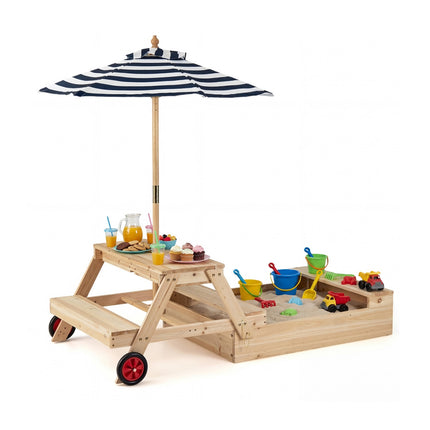 2-i-1 sandlåda och picknickbord i trä med parasoll, blå