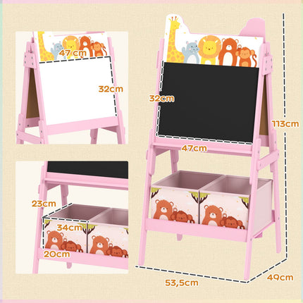 2-i-1 svarttavla för barn, dubbelsidigt staffli för barn, staffli med svarta tavla, whiteboard, förvaringslådor, för barn 3-8 år, rosa