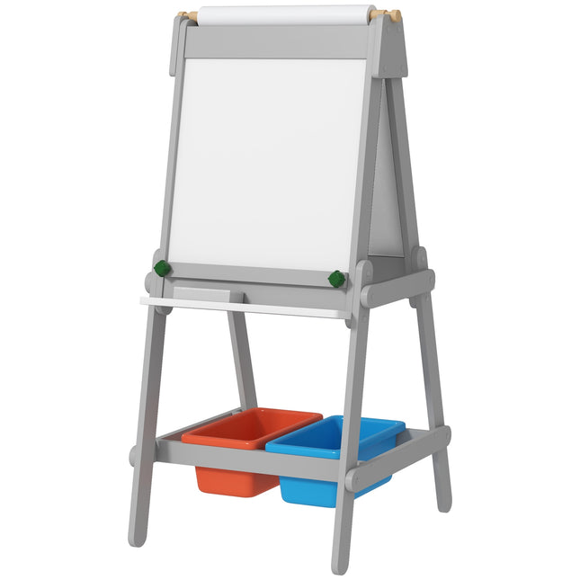 3-i-1 svart tavla för barn, dubbelsidigt staffli för barn med svarta tavla, whiteboard, staffli med suddgummi, ritpapper, förvaringslådor, för barn 3-8 år, grå