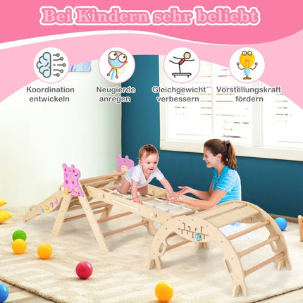 4-delat klätterset för barn med rutschkana och båge – Naturträ