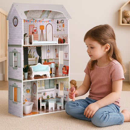 Alice Dollhouse – 3 våningar, 4 rum, set med 9 möbler ECOTOYS