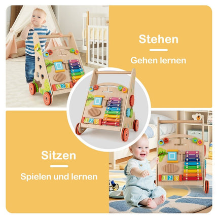 Baby Walker i trä med handtag, förvaring och hjul