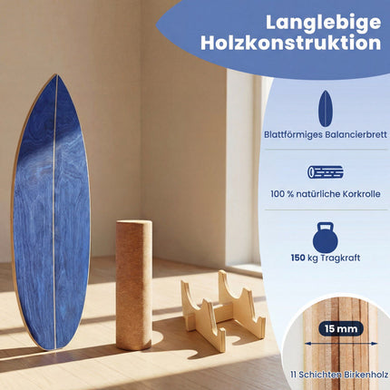 Balansbrädeset med korkrulle, björkträ, blå