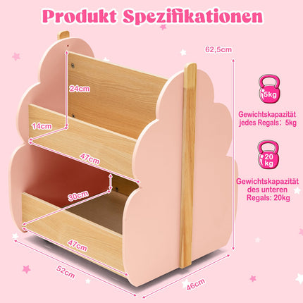 Barnbokhylla i trä med hjul, 2 våningar, rosa