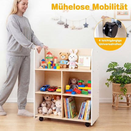 Barnbokhylla med 3 våningar och hjul, dubbelsidig display