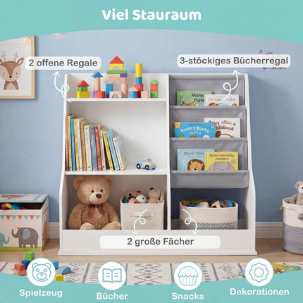 Barnbokhylla med 3-våningars tygfickor, vit