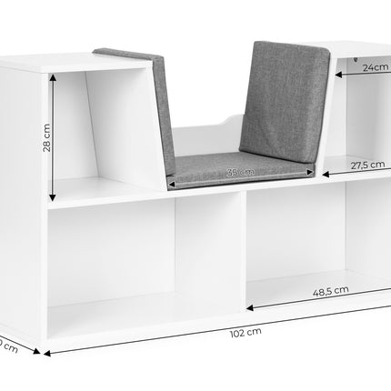 Barnbokhylla med sits – Vit, 4 hyllor