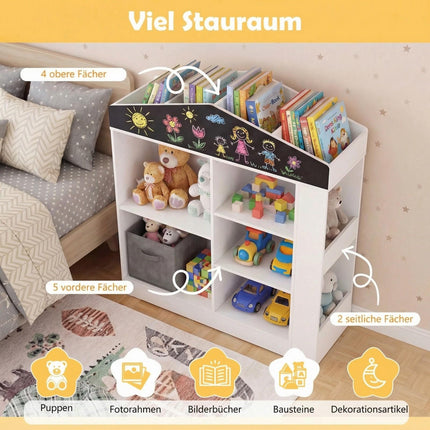 Barnbokhylla med svart tavla och 11 fack