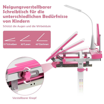 Barnbord barnbordsset med bokställ och LED-lampa för pojkar och tjejer rosa