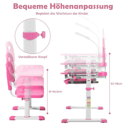 Barnbord barnbordsset med bokställ och LED-lampa för pojkar och tjejer rosa