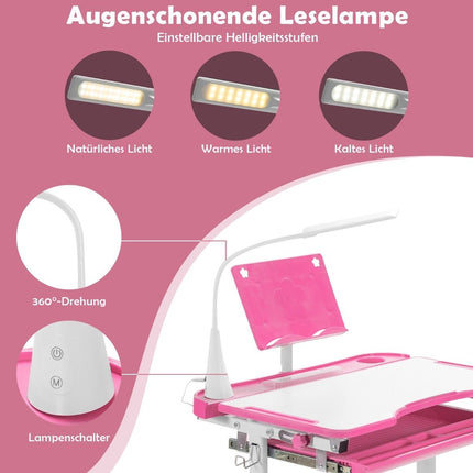 Barnbord barnbordsset med bokställ och LED-lampa för pojkar och tjejer rosa