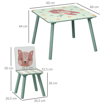 Barnbord med 2 stolar, barnsittgrupp med 1 bord och 2 stolar, sött djurmotiv, barnset för barn 3-8 år, grönt