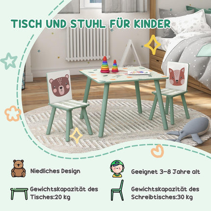 Barnbord med 2 stolar, barnsittgrupp med 1 bord och 2 stolar, sött djurmotiv, barnset för barn 3-8 år, grönt