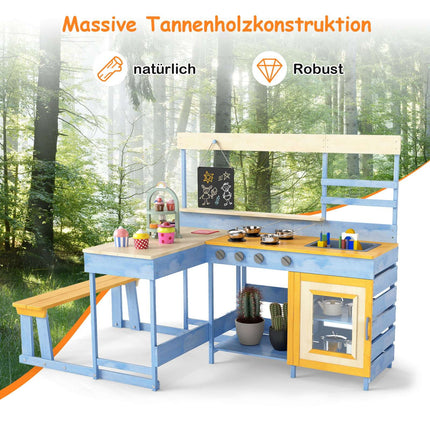 Barnens utomhuslekök med lerkök och picknickbord – Granträ