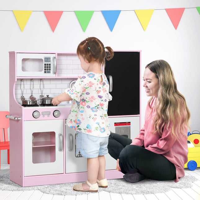 Barnkök lekkök med leksakstelefon, svarta tavla, mikrovågsugn, spis, diskho, dockkök med kökstillbehör, isbitsmaskin för 3-8 år barn, rosa