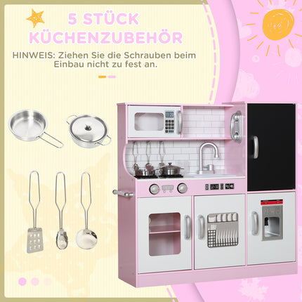 Barnkök lekkök med leksakstelefon, svarta tavla, mikrovågsugn, spis, diskho, dockkök med kökstillbehör, isbitsmaskin för 3-8 år barn, rosa