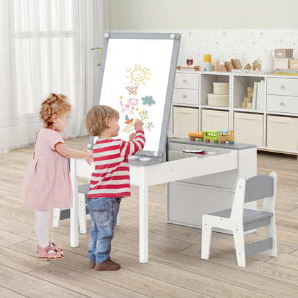 Barnkonstbord och staffli, 2 stolar, förvaring