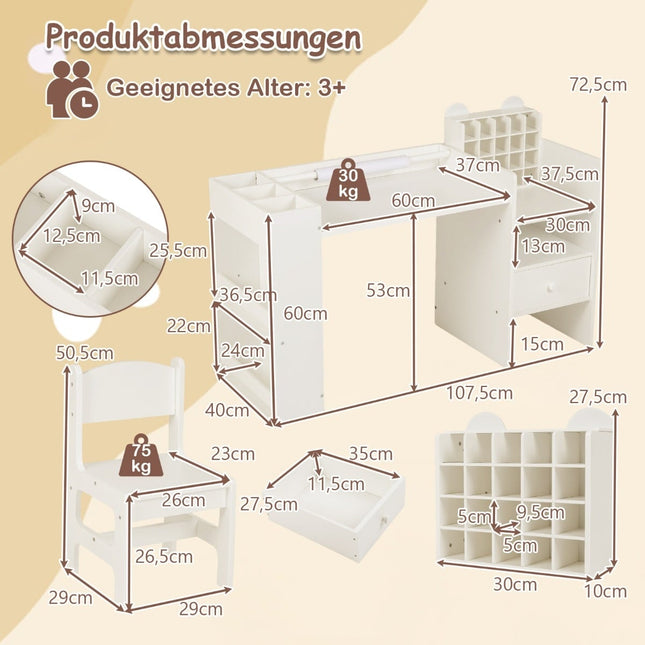Barnkonstskrivbord och stolsset med pappersrullhållare, vit