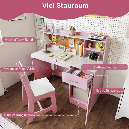 Barnskrivbord och stolsset med förvaring, rosa MDF