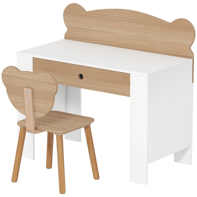 Barnskrivbordsset, björnformat arbetsbord och stol med låda, för skrivning och pyssel, 3-8 år, naturligt trä