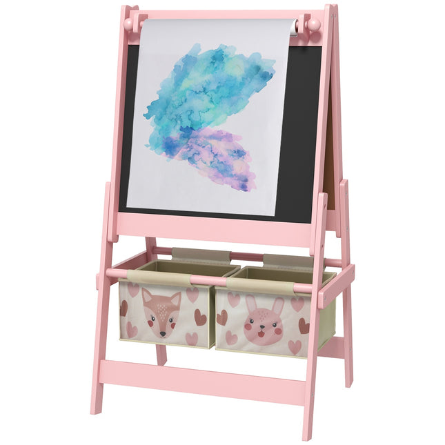Barntavla, 3 i 1 barnstafli, ståbräda med pappersrulle, förvaringskorgar, whiteboard, 54 x 46,5 x 93 cm, rosa
