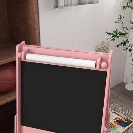 Barntavla, 3 i 1 barnstafli, ståbräda med pappersrulle, förvaringskorgar, whiteboard, 54 x 46,5 x 93 cm, rosa