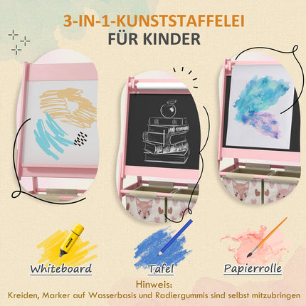 Barntavla, 3 i 1 barnstafli, ståbräda med pappersrulle, förvaringskorgar, whiteboard, 54 x 46,5 x 93 cm, rosa