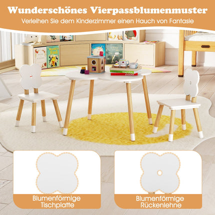 Blomformat barnbord med 2 stolar, vit