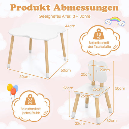Blomformat barnbord med 2 stolar, vit