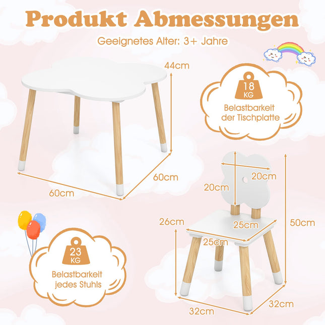 Blomformat barnbord med 2 stolar, vit
