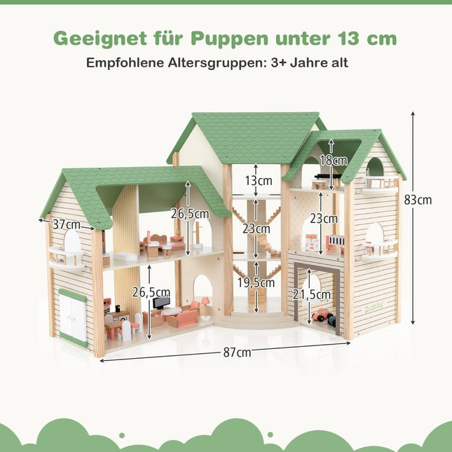 Dockhus med grönt tak och 36 tillbehör lekset "Corner Villa" i trä Gör det själv drömhus