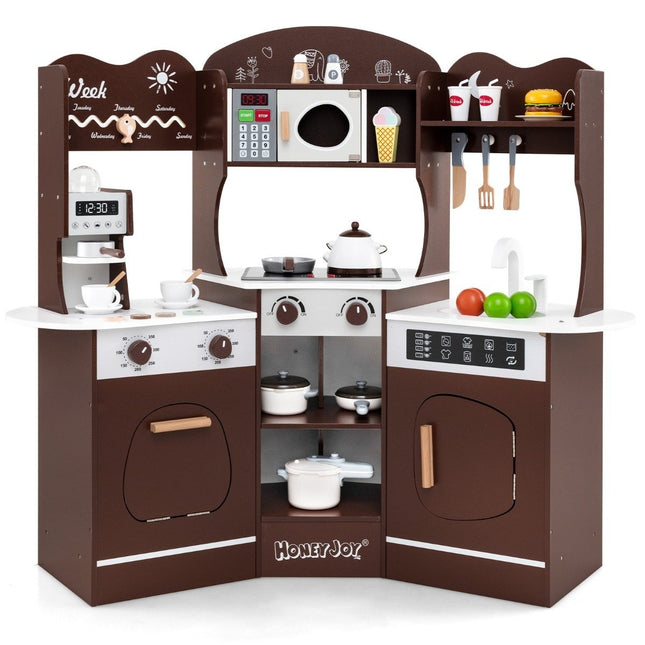 Hörnlekök i trä med ljud &amp; Ljus &amp; Kaffemaskin &amp; Slide Toddler Kitchen Lekset Brun