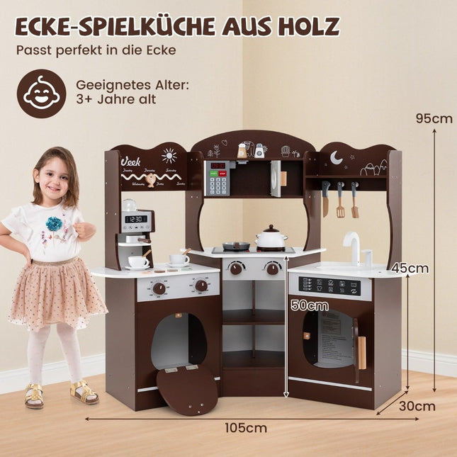 Hörnlekök i trä med ljud &amp; Ljus &amp; Kaffemaskin &amp; Slide Toddler Kitchen Lekset Brun