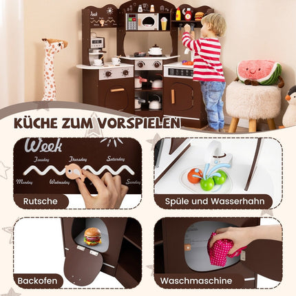 Hörnlekök i trä med ljud &amp; Ljus &amp; Kaffemaskin &amp; Slide Toddler Kitchen Lekset Brun