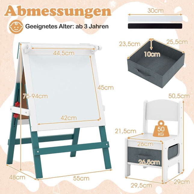 Justerbart barnstaffili med svarta tavlor och whiteboardtavlor