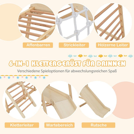 Klätterset i trä för inomhusbruk med rutschkana, stege och nät