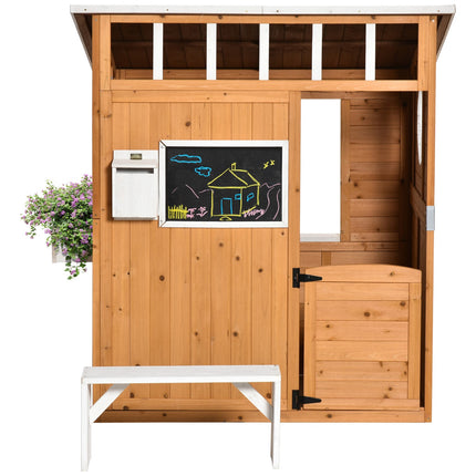 Lekstuga för barn Trä Lekstuga med fönster brevlåda Utomhus Trädgård Lekstuga med blomkrukhylla Trälekstuga för 3-8 år Naturligt granträ 122 x 108 x 135,5 cm Aosom