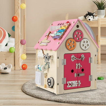 Lekstuga i trä med sensoriska spel och förvaringsutrymme för barn från 3 år och uppåt