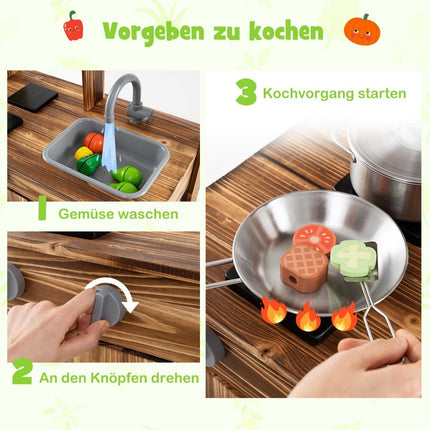 Lerkök barn utomhus barnkök gran ved med 4 kokkärl brun