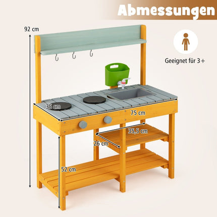 Lerkök för barn, utomhus barnkök i trä med vattenfunktion, lekkök med krokar och avtagbar hylla, orange