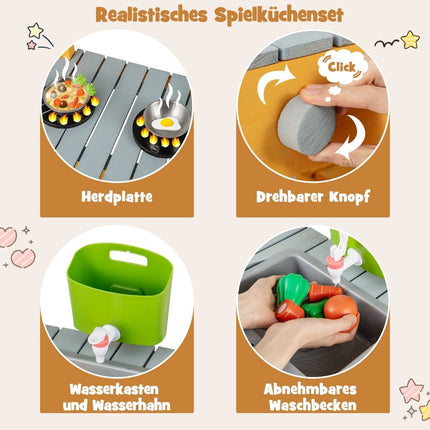 Lerkök för barn, utomhus barnkök i trä med vattenfunktion, lekkök med krokar och avtagbar hylla, orange