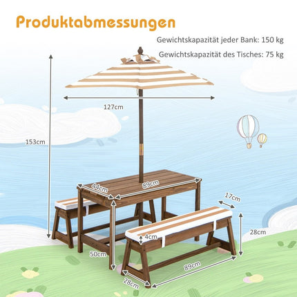 Picknickbord för barn med paraply och bänkar