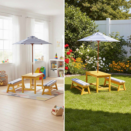 Picknickbordsset för barn med parasoll och kuddar