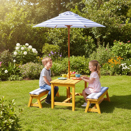 Picknickbordsset för barn med parasoll och kuddar