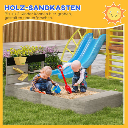 Sandlåda med kökselement, träsandlåda, bottenlös design, för 3-7 år, trädgård, grå, 154x80x60cm